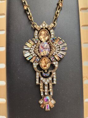 True VTG Sweet Romance USA Art Deco Crystal Mirror Statement Necklace 28” Signed